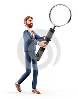 3D illustration of cute smiling man holding a giant magnifying glass and searching for information.