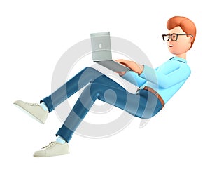 3D illustration of cute smiling man with laptop flying in air, isolated on white. Cartoon falling relaxing businessman, freelancer