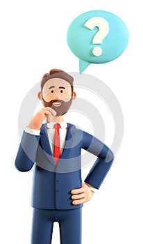 3D illustration of cute thinking man with question mark in speech bubble. Cartoon pensive businessman solving problems