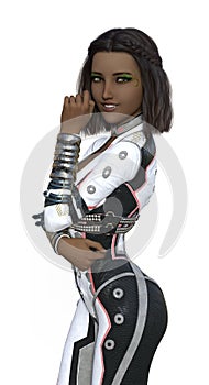 3d illustration of a dark complexion woman with intricate floral makeup in a white skin tight suit