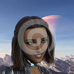 3d illustration of a dark complexion woman smiling in the foreground with a rising planet in the background