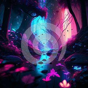 3D illustration of a dark forest with neon lights. Night scene. AI Generated