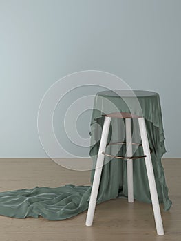 3D illustration of dark green fabric on brown stool for product showcase, work path or clipping path included