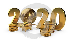 3D illustration of the date 2020 new year of the Golden text and the Golden planet Earth with gold coins and a gold piggy Bank in