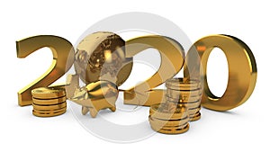 3D illustration of the date 2020 new year of the Golden text and the Golden planet Earth with gold coins and a gold piggy Bank in