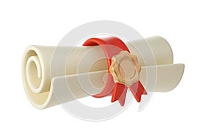 3d illustration of Degree Diploma or graduation scroll with red ribbon Icon. Render Education paper element for
