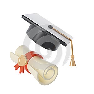 3d illustration of Degree Diploma or graduation scroll with red ribbon and university or college black cap graduate Icon