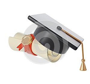 3d illustration of Degree Diploma or graduation scroll with red ribbon and university or college black cap graduate Icon