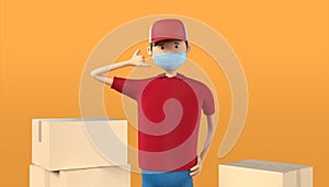 3D illustration of delivery guy communication parcel box with medical mask. Red uniform deliveryman deliver express shipment