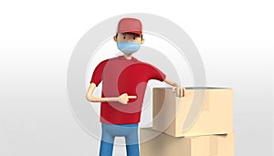 3D illustration of delivery guy with parcel box and medical mask. Red uniform deliveryman deliver express shipping