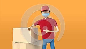 3D illustration of delivery guy pointing parcel box with medical mask. Red uniform deliveryman deliver express shipment