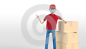 3D illustration of delivery guy pointing parcel box with medical mask. Red uniform deliveryman deliver express shipment