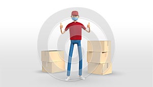 3D illustration of delivery guy thumb up parcel box with medical mask. Red uniform deliveryman deliver express shipment Shipping