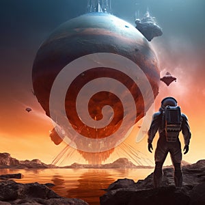 3D illustration depicts a science fiction scene where an astronaut encounters a giant spaceship on an alien world, known as the