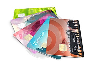 3d illustration of detailed glossy credit cards isolated on white background