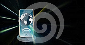 3d illustration Digital 5G network and the internet of things on urban background, double exposure city of cpu 5g, 5G wireless