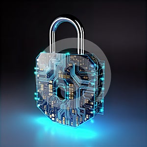 3D illustration Digital Padlock Locked Computer Chip Cyber Security Concept.