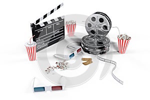 3D illustration, director chair, movie clapper, popcorn, 3d glasses, film strip, film reel and cup with carbonated drink