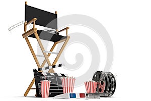 3D illustration, director chair, movie clapper, popcorn, 3d glasses, film strip, film reel and cup with carbonated drink