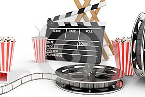 3D illustration, director chair, movie clapper, popcorn, 3d glasses, film strip, film reel and cup with carbonated drink