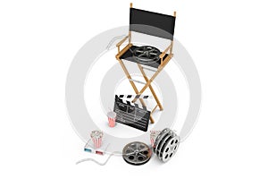 3D illustration, director chair, movie clapper, popcorn, 3d glasses, film strip, film reel and cup with carbonated drink