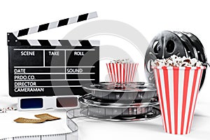 3D illustration, director chair, movie clapper, popcorn, 3d glasses, film strip, film reel and cup with carbonated drink