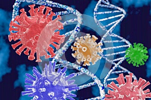 3D illustration of DNA and coronavirus. The concept of coronavirus and gene mutation