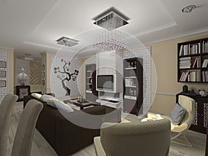 3D illustration of a drawing room and kitchen in style eclecticism in beige and brown tones