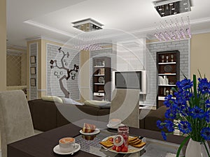 3D illustration of a drawing room and kitchen in style eclecticism in beige and brown tones