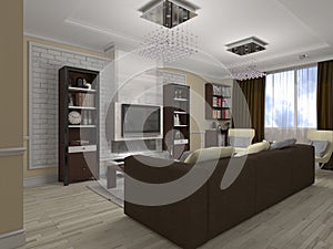 3D illustration of a drawing room and kitchen in style eclecticism in beige and brown tones