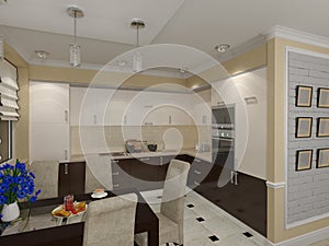 3D illustration of a drawing room and kitchen in style eclecticism in beige and brown tones