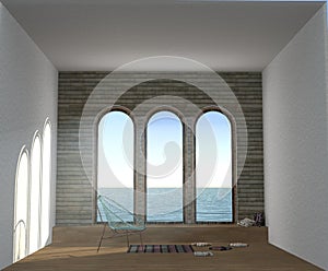 3D illustration of the dream room with three big panorama window