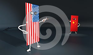3d illustration of a duel on pistols between the flags of the USA and China