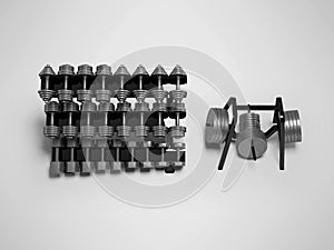 3D illustration of dumbbells and barbell discs on metal stand on gray background with shadow