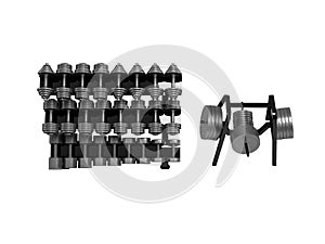 3D illustration of dumbbells and barbell discs on metal stand on white background no shadow