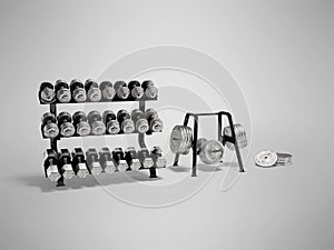3d illustration of dumbbells and barbell discs for weightlifters on gray background with shadow