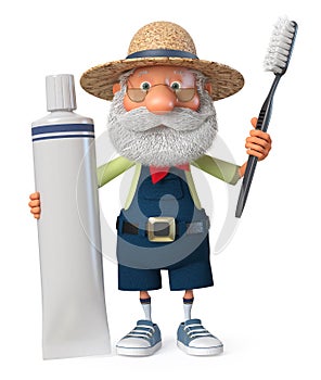 3D illustration an elderly farmer stands with toothpaste and a brush