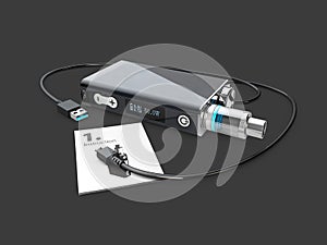 3d Illustration of Electronic Cigarette with charge cable and instruction book.