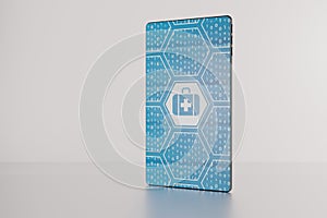3D illustration of electronich healthcare displayed on futuristic bezel-free smartphone.