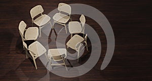 3d illustration Empty chair prepared for group therapy in the psychologist`s office. On a dark wood floor Expressing anxious and