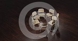 3d illustration Empty chair prepared for group therapy in the psychologist`s office. On a dark wood floor Expressing anxious and