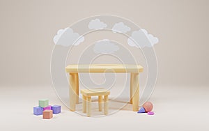 3d illustration of empty kindergarten or kids room with furniture and toys for young children. Modern playroom interior