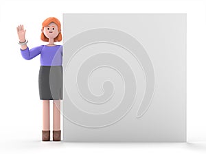 3D illustration of European businesswoman Ellen with hand up, stands behind the blank poster,