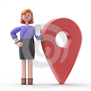 3D illustration of European businesswoman Ellen with Smartphone Standing near GeoPoint sign Mobile Navigation concept