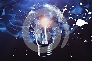 3D illustration exploding light bulb on a blue background, concept creative thinking and innovative solutions. Network