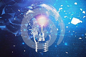 3D illustration exploding light bulb on a blue background, concept creative thinking and innovative solutions. Network