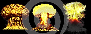 3D illustration of explosion - 3 big very highly detailed different phases mushroom cloud explosion of atom bomb with smoke and