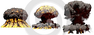 3D illustration of explosion - 3 huge different phases fire mushroom cloud explosion of thermonuclear bomb with smoke and flame