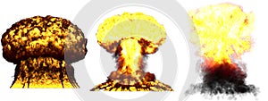 3D illustration of explosion - 3 huge very high detailed different phases mushroom cloud explosion of thermonuclear bomb with