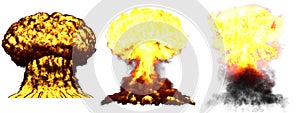 3D illustration of explosion - 3 large high detailed different phases mushroom cloud explosion of nuclear bomb with smoke and fire